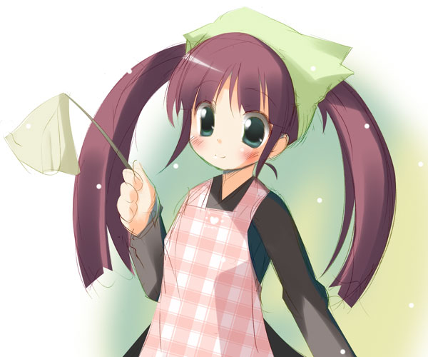 original, 1girl, apron, aqua eyes, blush, brown hair, duster, female focus, green headscarf, headscarf, holding, long hair, pink apron, plaid apron, plaid clothes, smile, solo, twintails