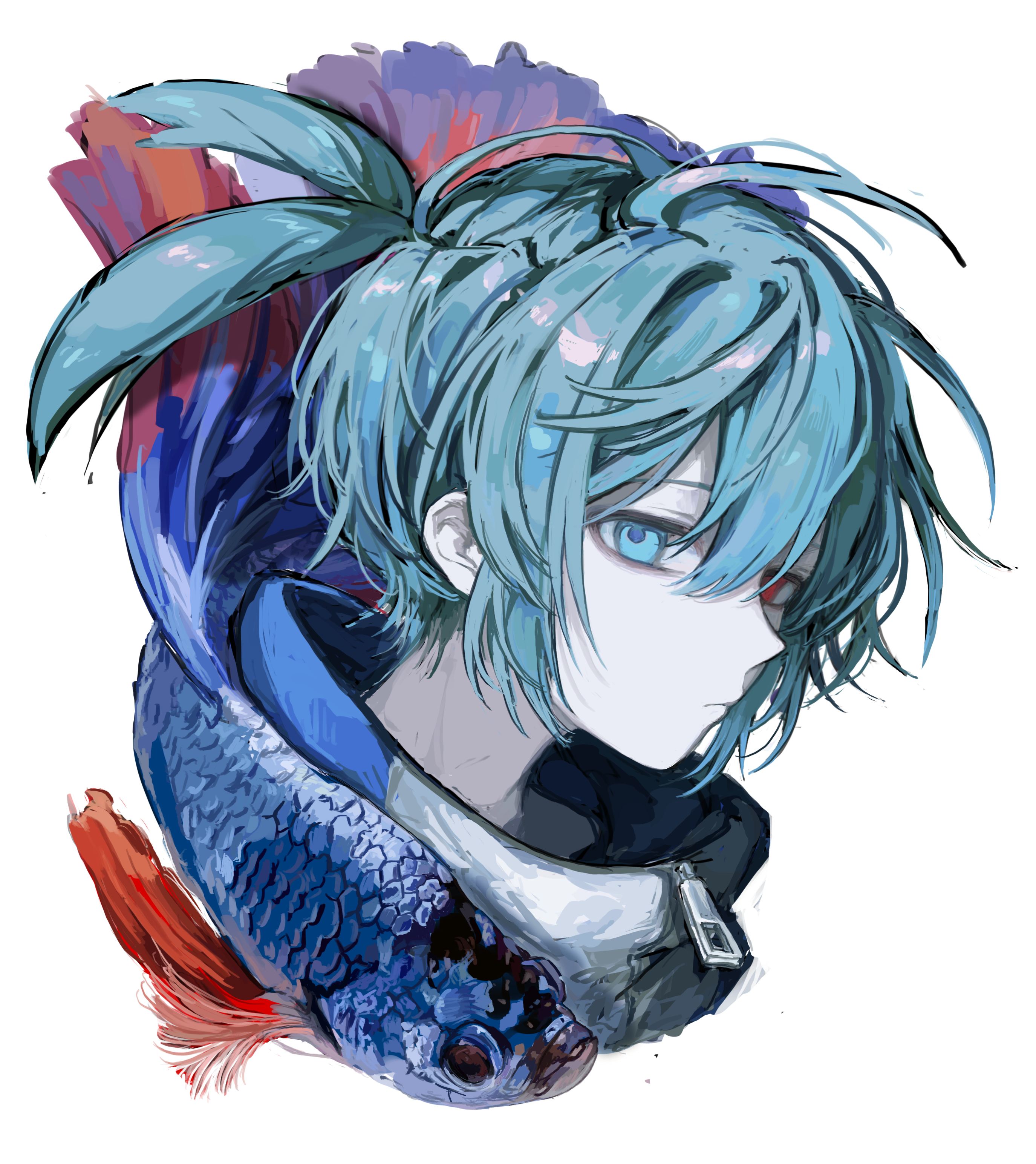 griffon0416, sig (puyopuyo), puyopuyo, absurdres, highres, 1boy, blue eyes, blue hair, cropped head, empty eyes, hair between eyes, heterochromia, koi, long hair, looking at viewer, male focus, ponytail, portrait, red eyes, simple background, solo, white background, zipper pull tab