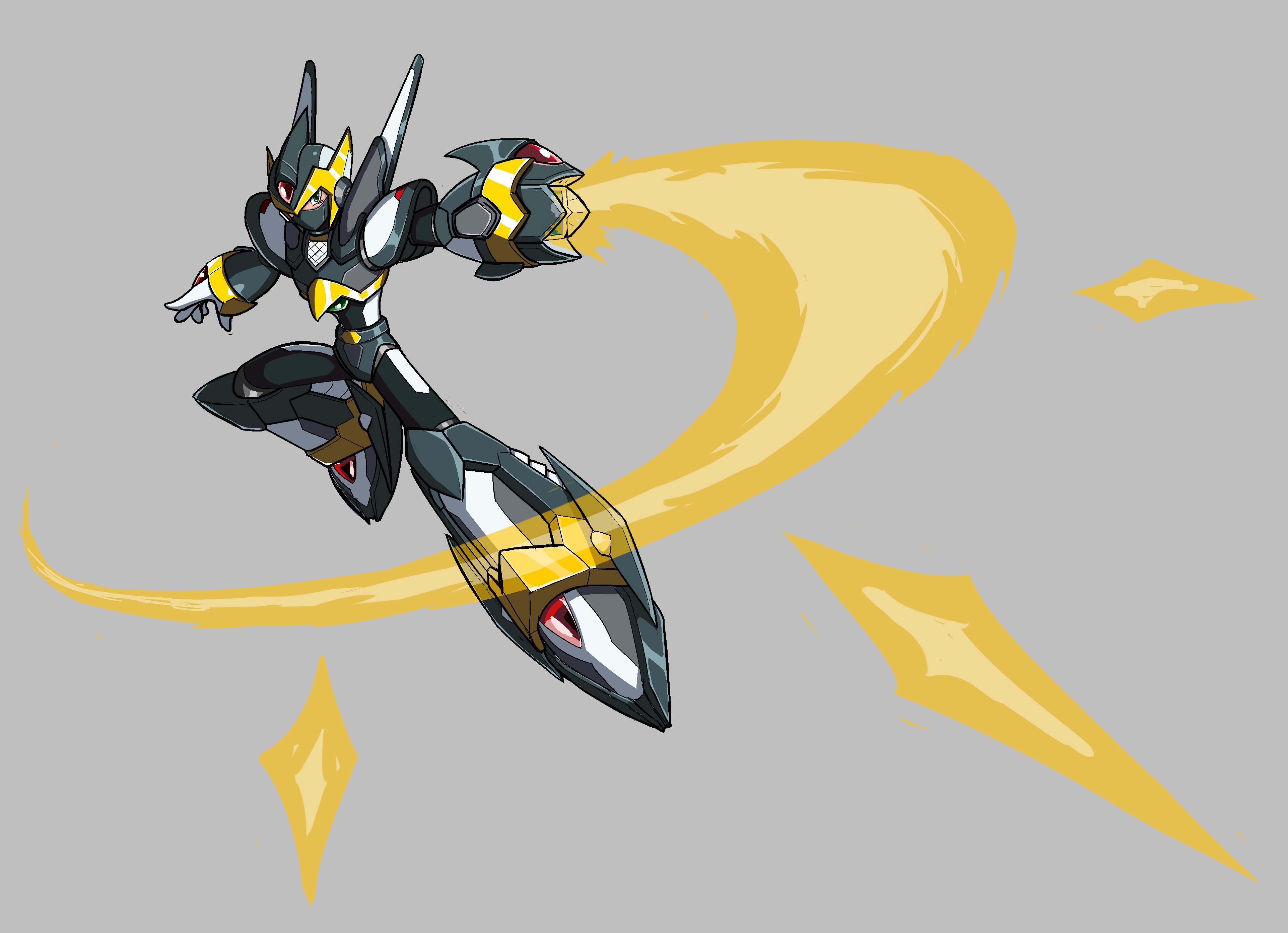 hayebsi, falcon armor x (mega man), shadow armor x (mega man), x (mega man), mega man (series), mega man x5, mega man x6, mega man x (series), absurdres, highres, 1boy, arm cannon, armor, black armor, black helmet, forehead jewel, full body, green eyes, grey background, helmet, male focus, mask, mouth mask, ninja, simple background, solo, weapon