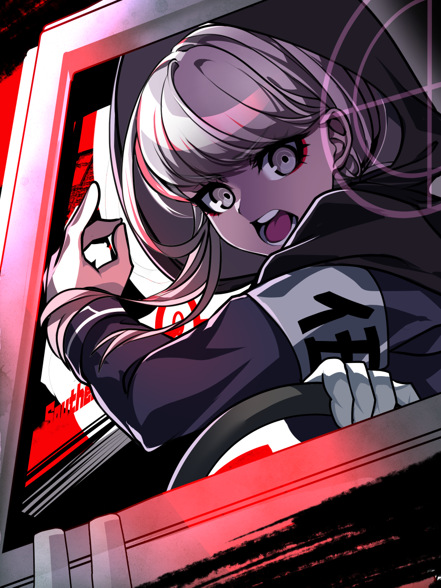 nota sayaka, kawana tsubasa, the hundred line -last defense academy-, 1girl, armband, cloak, driving, eyeliner, gloves, grey eyes, grey hair, hood, hooded cloak, last defense academy school uniform, long hair, looking at viewer, makeup, open mouth, red eyeliner, school uniform, solo, steering wheel, white armband, white gloves