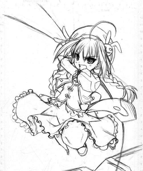soba (saz), vita (nanoha), lyrical nanoha, mahou shoujo lyrical nanoha, mahou shoujo lyrical nanoha a's, >:d, 00s, 1girl, :d, ahoge, braid, dress, female focus, frilled dress, frills, greyscale, hat, hat ornament, monochrome, open mouth, puffy short sleeves, puffy sleeves, short sleeves, smile, solo, twin braids, twintails, v-shaped eyebrows