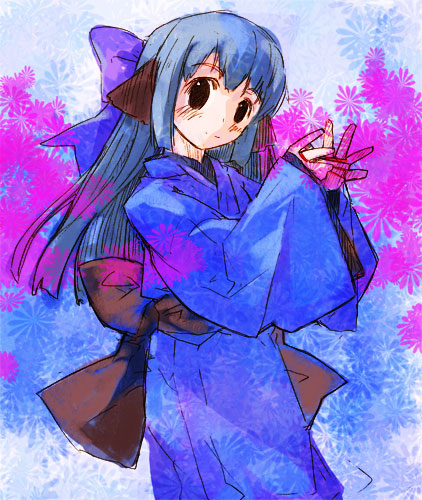 momiji mao, lowres, animal ears, black eyes, blue hair, japanese clothes, long hair, solo