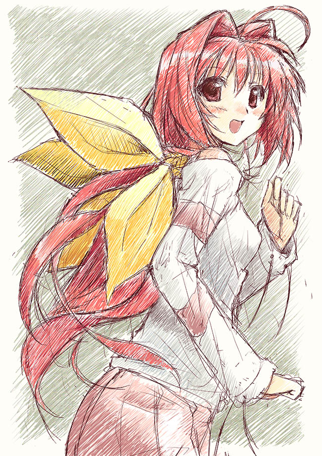 mizuki makoto, kagami sumika, muv-luv, 1girl, ahoge, blush, female focus, long hair, ponytail, red eyes, red hair, solo