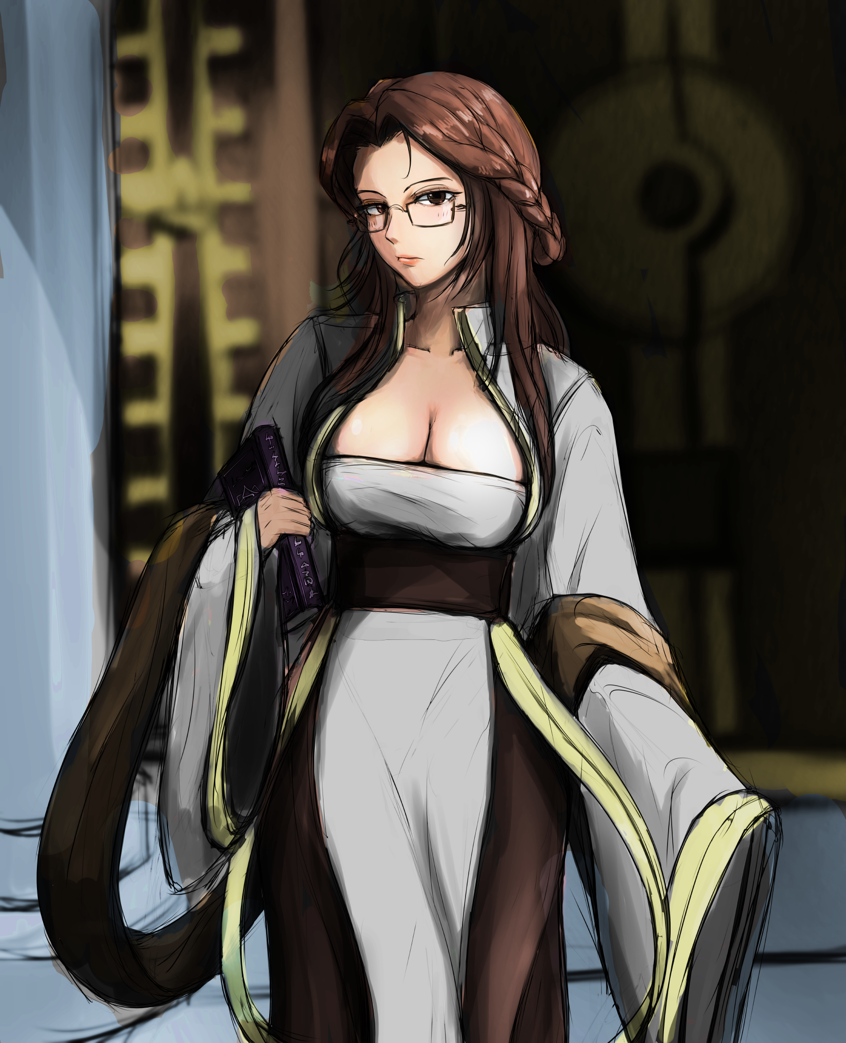 hgus5855, niren, ragnarok online, commentary request, highres, 1girl, book, braid, breasts, brown hair, brown pantyhose, cleavage, closed mouth, cowboy shot, dress, expressionless, glasses, holding, holding book, large breasts, long hair, long sleeves, looking at viewer, pantyhose, solo, white dress, wide sleeves