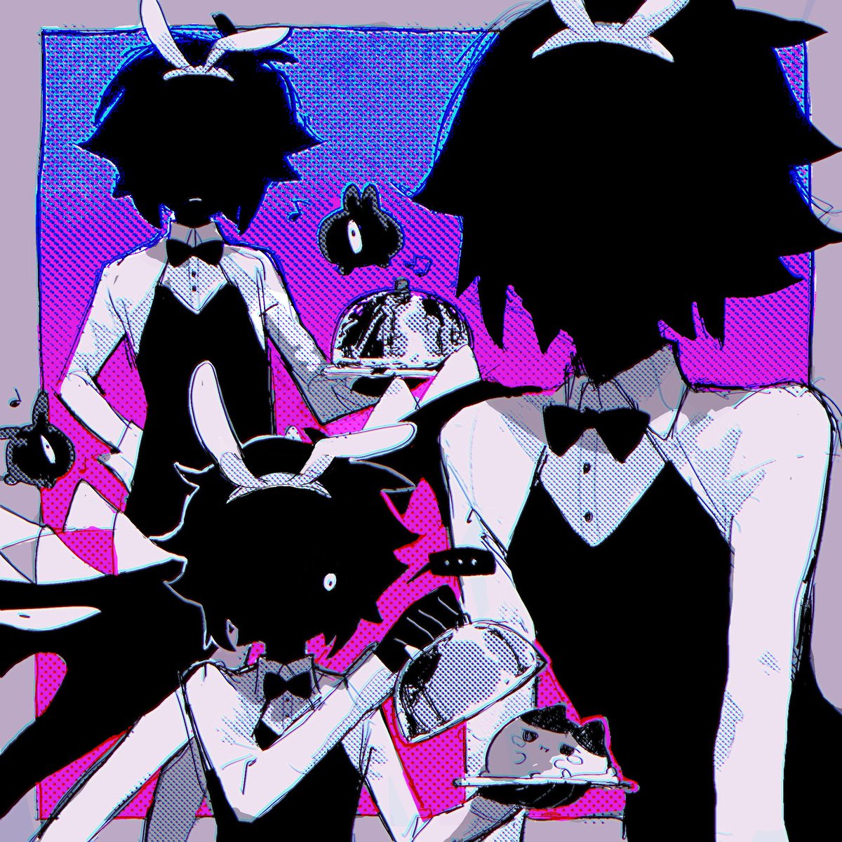 hinshi hp0, omori (omori), something (omori), stranger (omori), omori, highres, …, 1boy, alternate costume, animal ear hairband, animal ears, antenna hair, black bow, black bowtie, black hair, black leotard, black skin, bow, bowtie, colored skin, fake animal ears, hairband, holding, holding tray, leotard, long sleeves, male focus, male playboy bunny, musical note, short hair, solo, speech bubble, spoken ellipsis, spoken musical note, tray, white eyes, white hairband, wrist cuffs