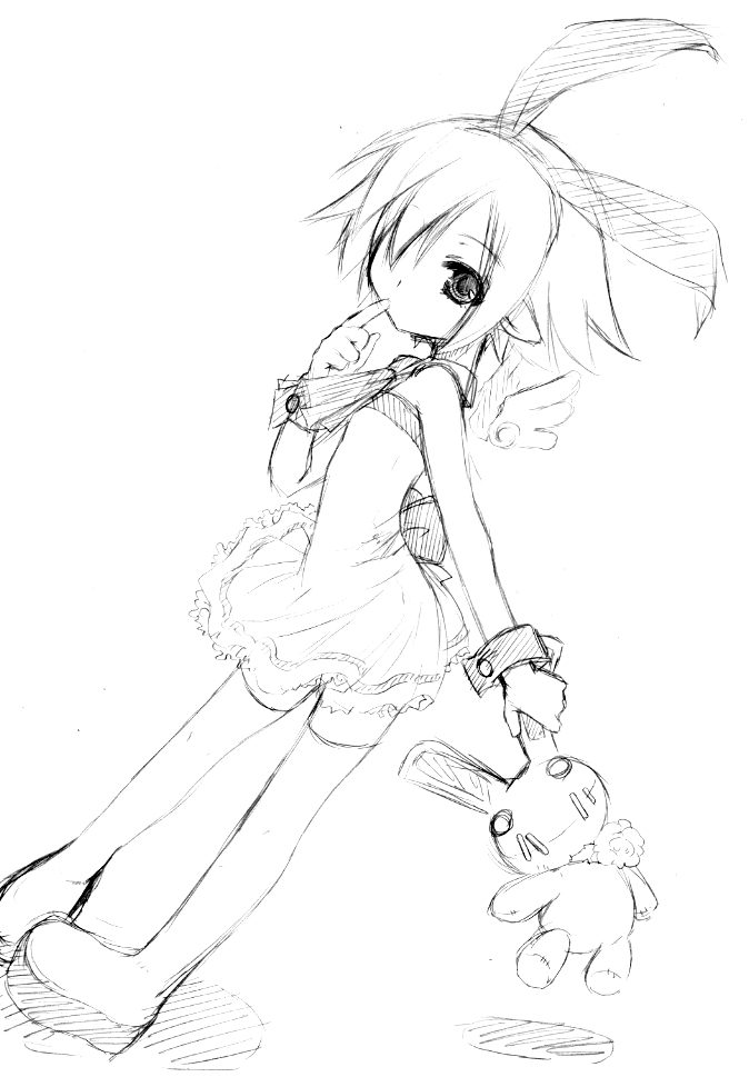 arima natsubon, pleinair, usagi-san, disgaea, original, 1girl, animal ears, ascot, bare shoulders, detached collar, dress, fake animal ears, female focus, finger to mouth, greyscale, hairband, looking at viewer, monochrome, rabbit, rabbit ears, solo, strapless, strapless dress, stuffed animal, stuffed rabbit, stuffed toy, thighhighs, zettai ryouiki