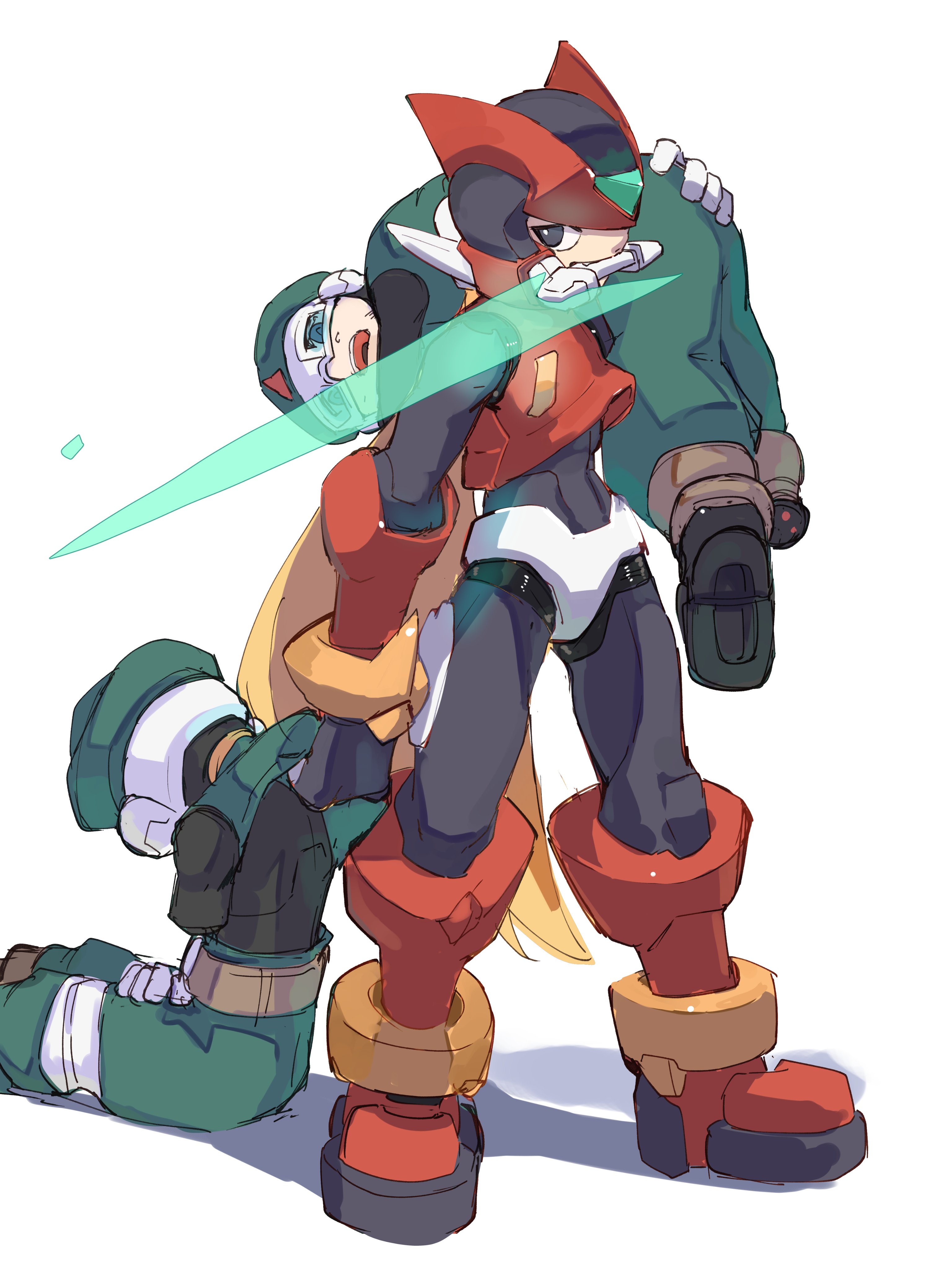 omochi (mochi skymega), zero (mega man), mega man (series), mega man zero (series), absurdres, highres, 3boys, armor, black eyes, blonde hair, carrying, carrying person, energy sword, forehead jewel, full body, grey background, helmet, holding, holding sword, holding weapon, male focus, multiple boys, red armor, red helmet, simple background, solo focus, sword, weapon, z saber