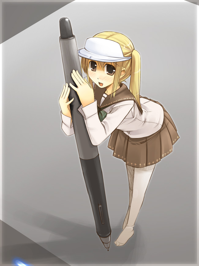 jirou (chekoro), visor, 1girl, blonde hair, female focus, mini person, minigirl, oversized object, pen, pleated skirt, school uniform, serafuku, skirt, solo, standing, thighhighs, twintails, visor cap