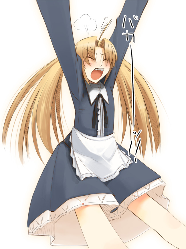 jirou (chekoro), original, 1girl, ahoge, angry, apron, arms up, blonde hair, dress, fang, female focus, long hair, open mouth, solo, teeth, twintails