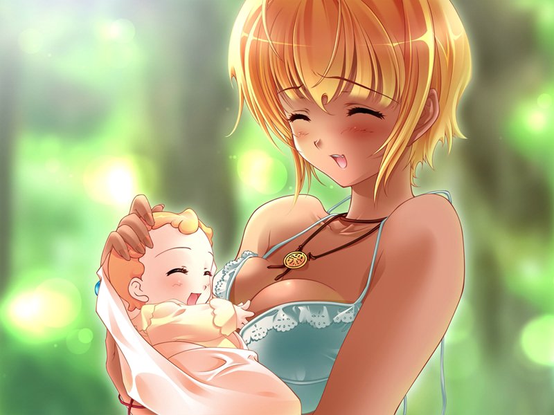 sugiyama genshou, mizuki (quilt), quilt (game), jpeg artifacts, 1girl, age difference, baby, blanket, blonde hair, blush, breasts, cleavage, closed eyes, dark-skinned female, dark skin, embarrassed, ganguro, grabbing another's breast, groping, gyaru, jewelry, necklace, no bra, quilt, short hair, sugiyama gensyou, swimsuit, tan