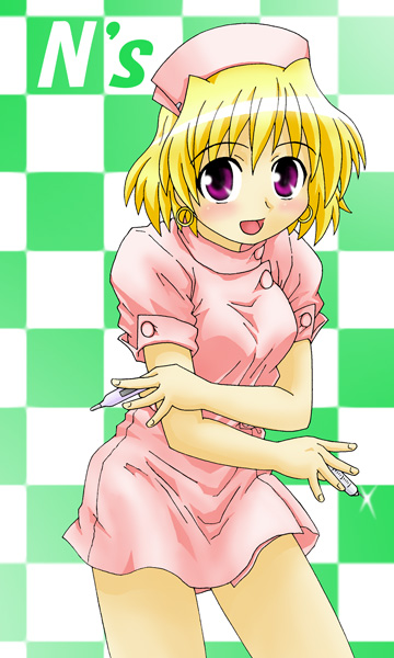 shamal, lyrical nanoha, mahou shoujo lyrical nanoha, mahou shoujo lyrical nanoha a's, 00s, 1girl, blonde hair, buttons, checkered background, female focus, glint, looking at viewer, nurse, purple eyes, short hair, short sleeves, simple background, smile, solo, standing, syringe