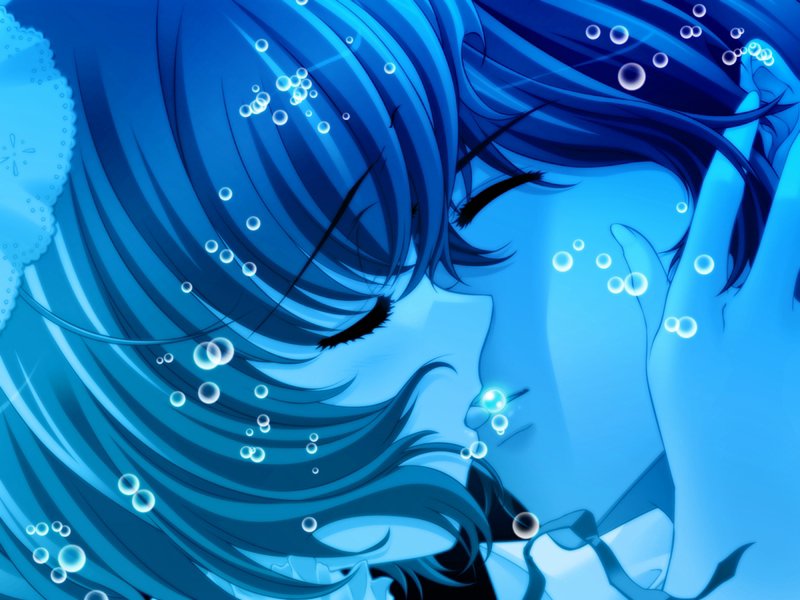 sugiyama genshou, sia (quilt), takumi (quilt), quilt (game), game cg, 1boy, 1girl, blanket, bubble, close-up, closed eyes, hand on another's face, hetero, kiss, quilt, short hair, tongue, underwater