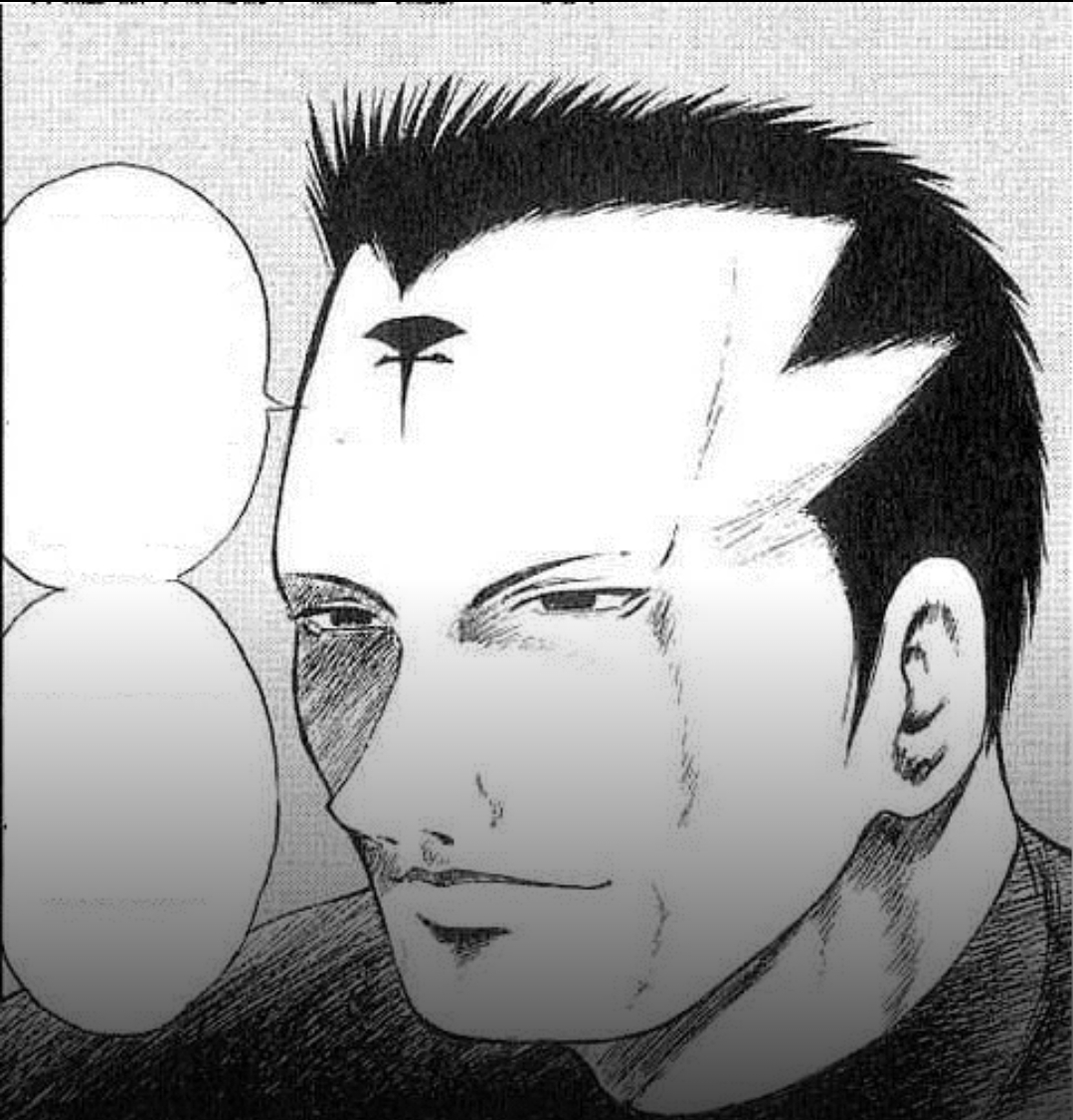 flame of recca, 1boy, gashakura, male focus, manga page, short hair, smile, white background