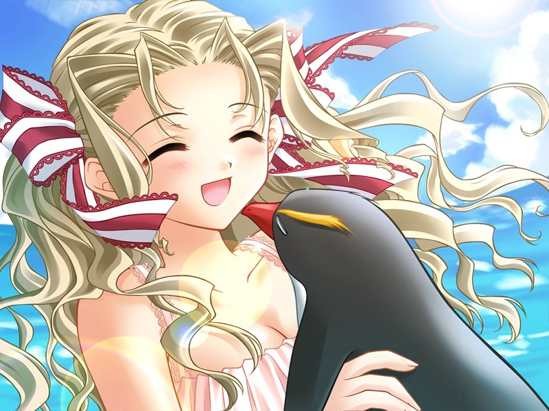 kanami, nishiwaki yuuri, kanami (quilt), quilt (game), game cg, 1girl, bird, blanket, blonde hair, female focus, long hair, nishiwaki yuri, penguin, quilt, solo, twintails