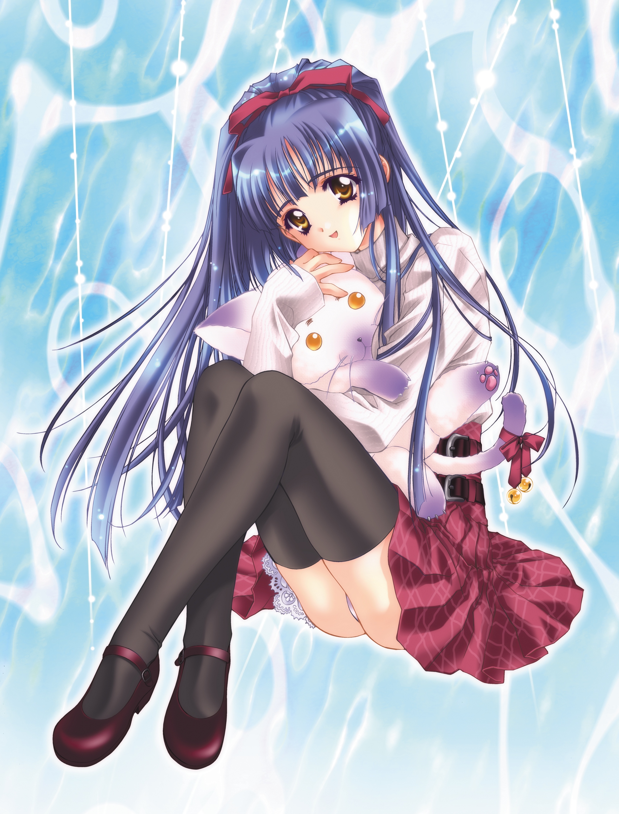 carnelian, kuraki suzuna, kao no nai tsuki, absurdres, highres, 00s, blue hair, lace, long hair, mary janes, ponytail, purple hair, ribbon, shoes, solo, stuffed animal, stuffed toy, thighhighs