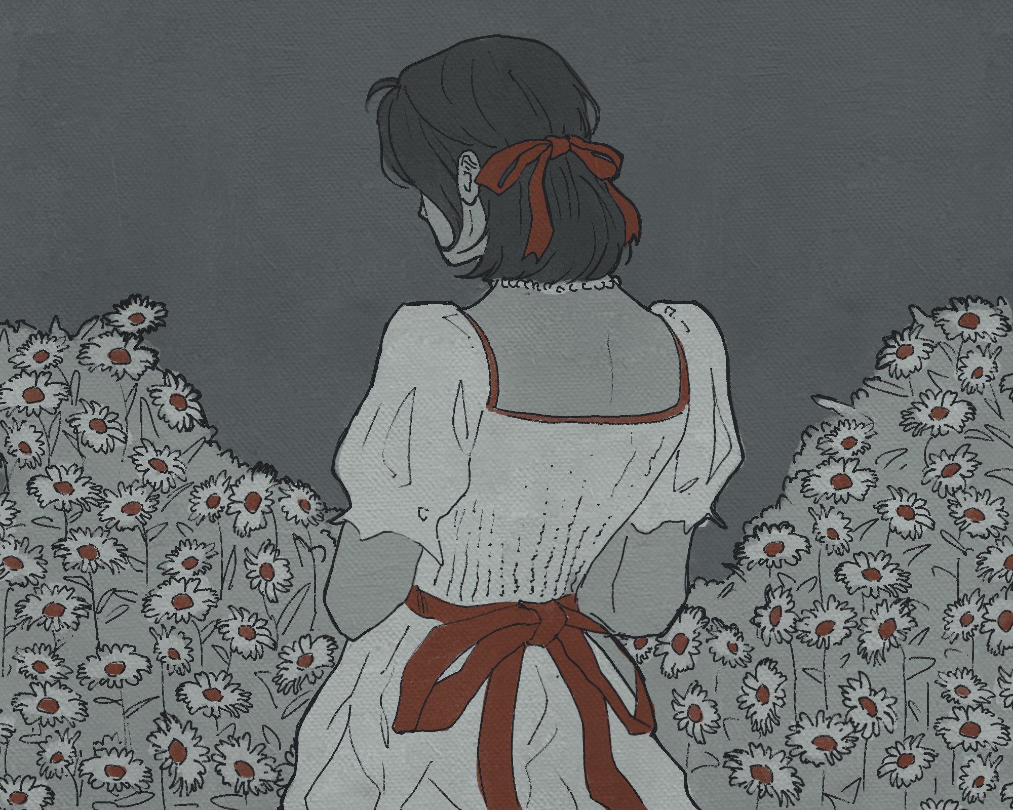 original, commentary, english commentary, highres, 1girl, black hair, bob cut, bow, daisy (flower), dress, facing away, flower, grey background, hair bow, jewelry, limited palette, medium hair, necklace, pearl necklace, ribbon, simple background, solo, sonaireeart, too many flowers, upper body, white dress