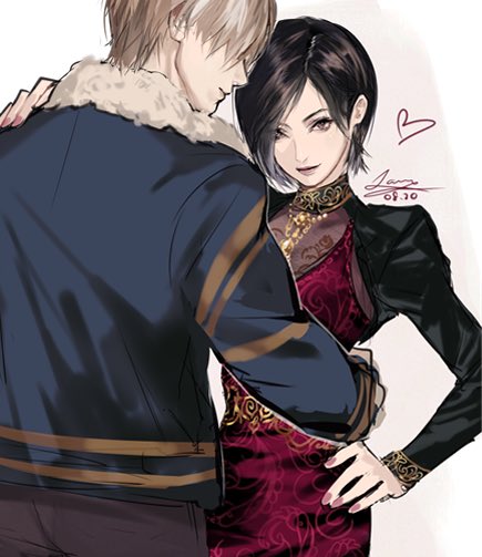 meow (cindy738), ada wong, leon s. kennedy, resident evil, chinese commentary, commentary request, 1boy, 1girl, black hair, blonde hair, brown pants, closed mouth, dated, dress, from behind, fur-trimmed jacket, fur trim, gold necklace, hand on another's shoulder, hand on another's waist, hand on own hip, heart, height difference, jacket, jewelry, lips, long sleeves, looking at viewer, necklace, official alternate costume, pants, red dress, short hair, signature, upper body