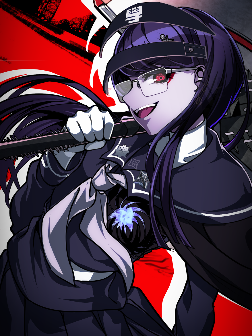 nota sayaka, shizuhara hiruko, the hundred line -last defense academy-, 1girl, black background, black cape, black sailor collar, black serafuku, cape, choker, drop shadow, earrings, glasses, gloves, holding, holding weapon, jewelry, last defense academy school uniform, long hair, neckerchief, purple hair, red background, red eyes, sailor collar, school uniform, serafuku, smile, solo, teeth, two-tone background, upper body, upper teeth only, weapon, white gloves, white neckerchief
