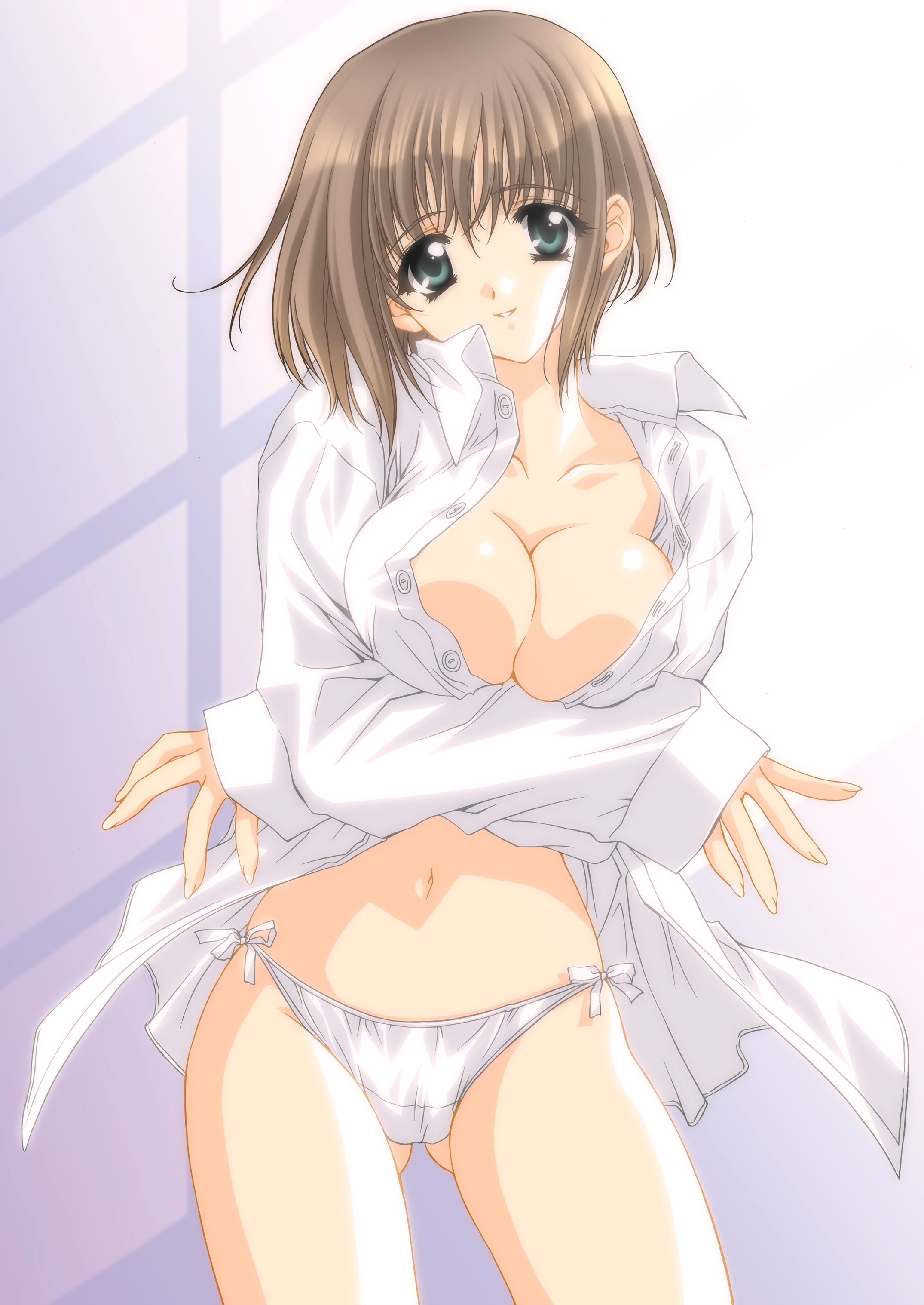 carnelian, original, absurdres, highres, 1girl, aqua eyes, arms under breasts, breasts, breasts squeezed together, brown hair, crossed arms, dress shirt, female focus, large breasts, no pants, open clothes, open shirt, panties, shirt, short hair, side-tie panties, smile, solo, underwear, white panties