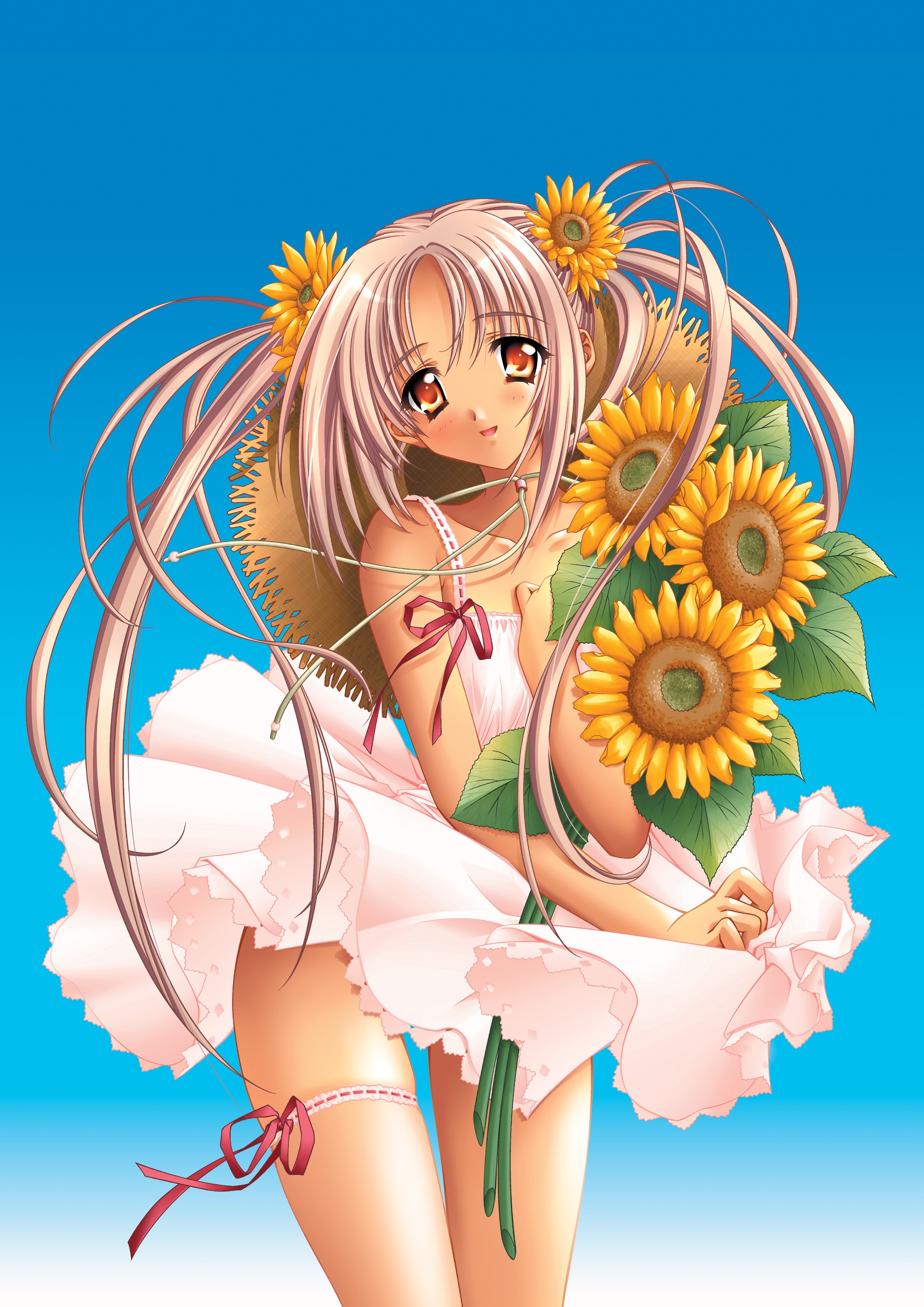 carnelian, original, absurdres, highres, 1girl, bare shoulders, blush, cowboy shot, dress, female focus, flower, hair flower, hair ornament, hat, long hair, orange eyes, pink hair, solo, straw hat, sunflower, sunflower hair ornament, tan, tareme, unworn headwear