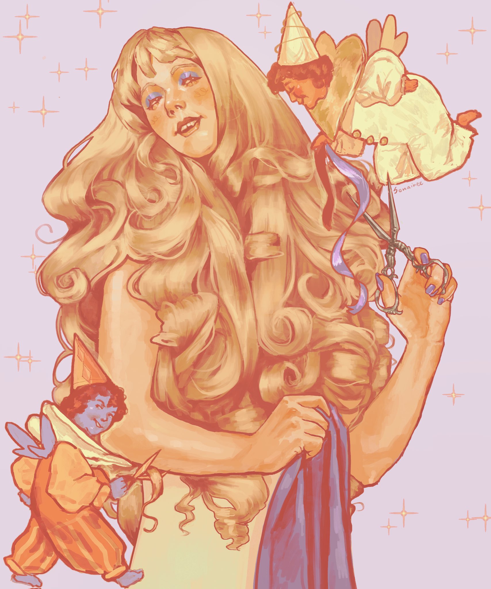 original, highres, 1girl, 2boys, :d, blonde hair, blue skin, colored skin, curtained hair, cutting another's hair, cutting hair, dress, evil grin, evil smile, eyeshadow, fairy, floating, full body, grin, hat, head tilt, holding, holding cloth, holding scissors, limited palette, long hair, looking at viewer, makeup, mini wings, multiple boys, open mouth, orange skin, party hat, purple nails, ribbon, scissors, smile, sonaireeart, very long hair, wings, yellow dress