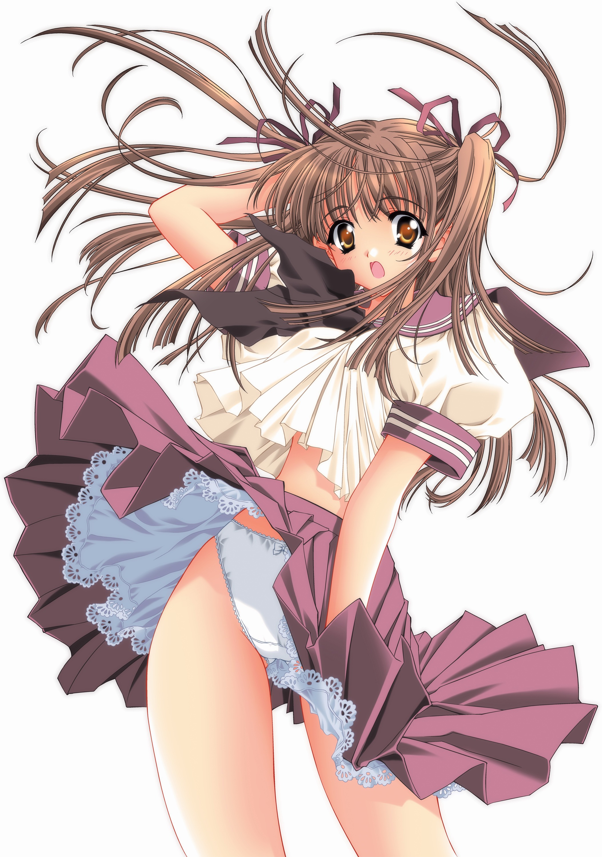 carnelian, absurdres, highres, 1girl, blush, bow, bow panties, brown eyes, brown hair, covering crotch, covering privates, embarrassed, female focus, hair ribbon, lace, lace-trimmed panties, lace trim, lingerie, long hair, miniskirt, panties, pantyshot, petticoat, pleated skirt, ribbon, school uniform, serafuku, skirt, skirt tug, solo, surprised, twintails, underwear, upskirt, white panties, wind, wind lift