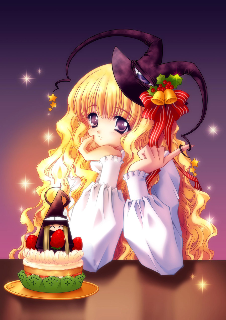 carnelian, kogechibi, lilith (yamibou), yami to boushi to hon no tabibito, highres, 00s, 2girls, ^ ^, blonde hair, cake, closed eyes, food, fruit, hat, head rest, light smile, long hair, looking at viewer, multiple girls, pastry, purple eyes, smile, strawberry, sweatdrop, very long hair, wavy hair, witch hat