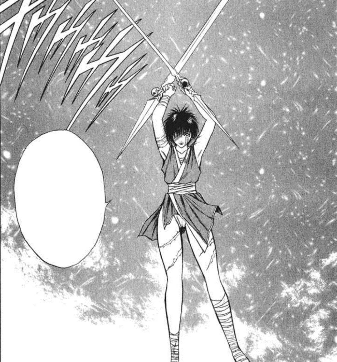 flame of recca, 1girl, attack, hisui (flame of recca), manga page, talking