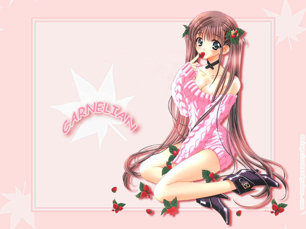 carnelian, 1girl, artist name, boots, breasts, brown hair, female focus, food, food-themed hair ornament, fruit, green eyes, hair ornament, hairclip, high heel boots, high heels, long hair, medium breasts, off shoulder, sitting, solo, strawberry, strawberry hair ornament, sweater, twintails, very long hair
