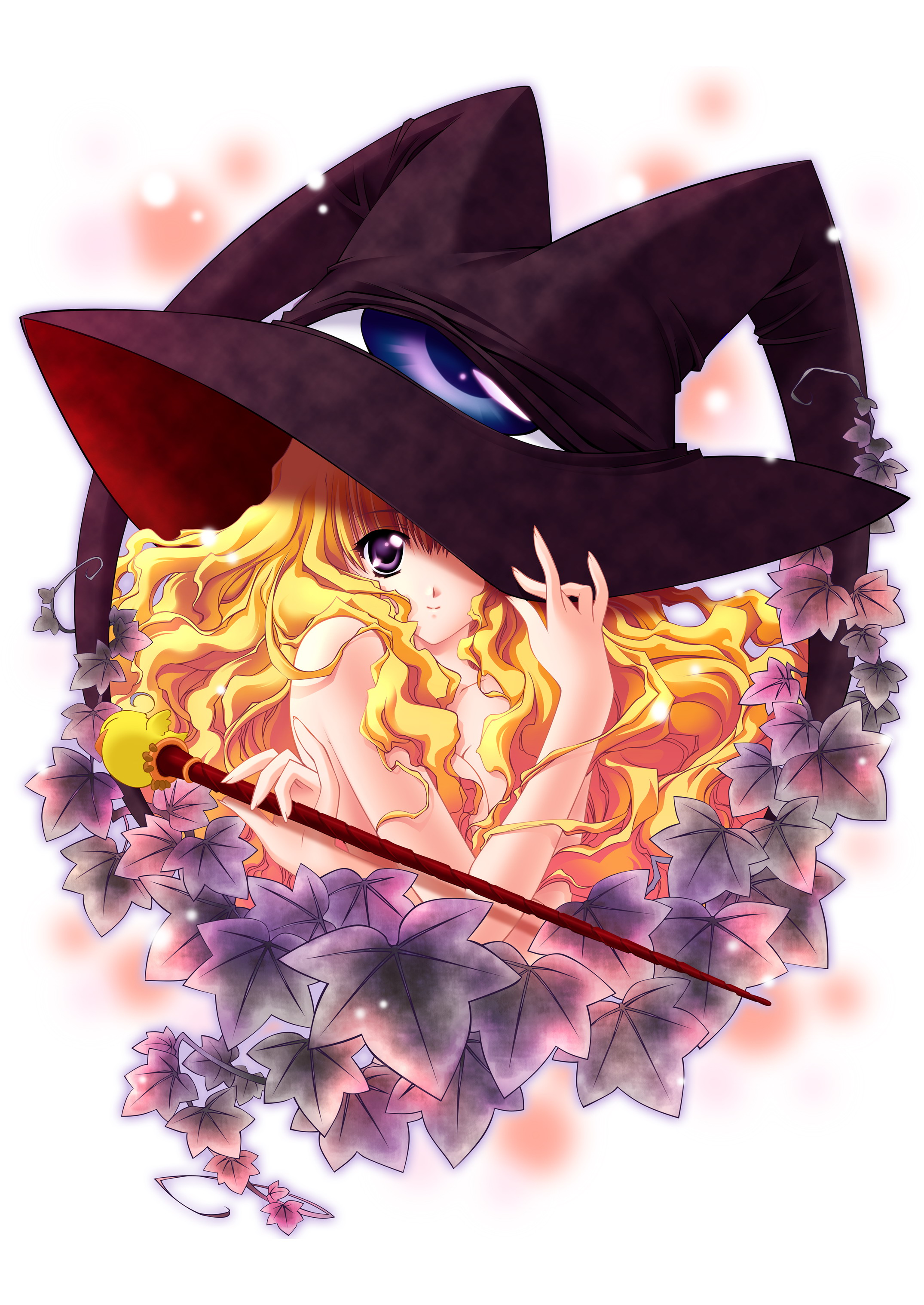 carnelian, lilith (yamibou), yami to boushi to hon no tabibito, absurdres, highres, 00s, 1girl, blonde hair, female focus, hat, long hair, looking at viewer, nude, purple eyes, solo, witch hat