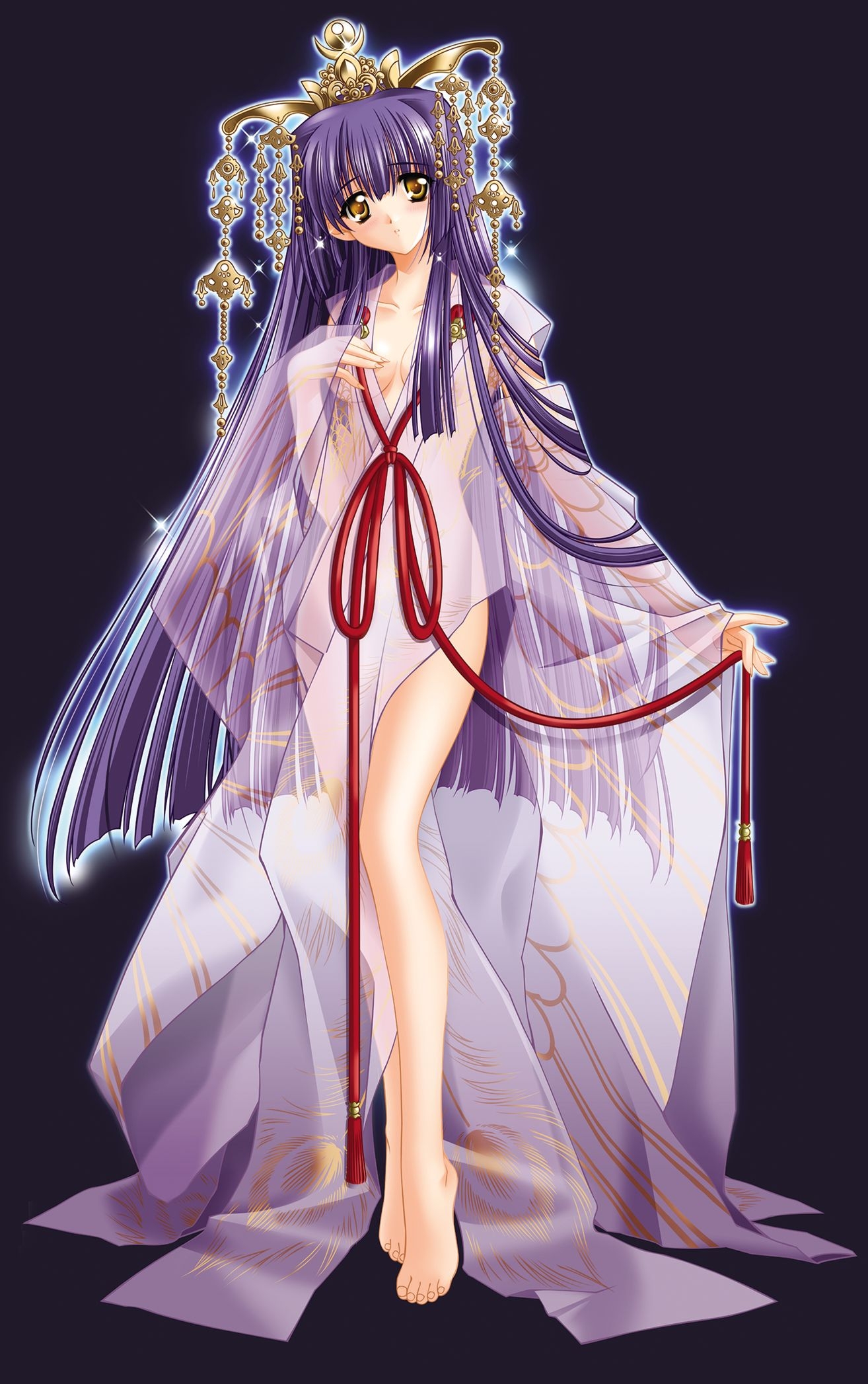 carnelian, kuraki suzuna, suzuna, kao no nai tsuki, highres, 00s, 1girl, barefoot, crown, feet, female focus, japanese clothes, long hair, no panties, purple hair, see-through clothes, solo, very long hair