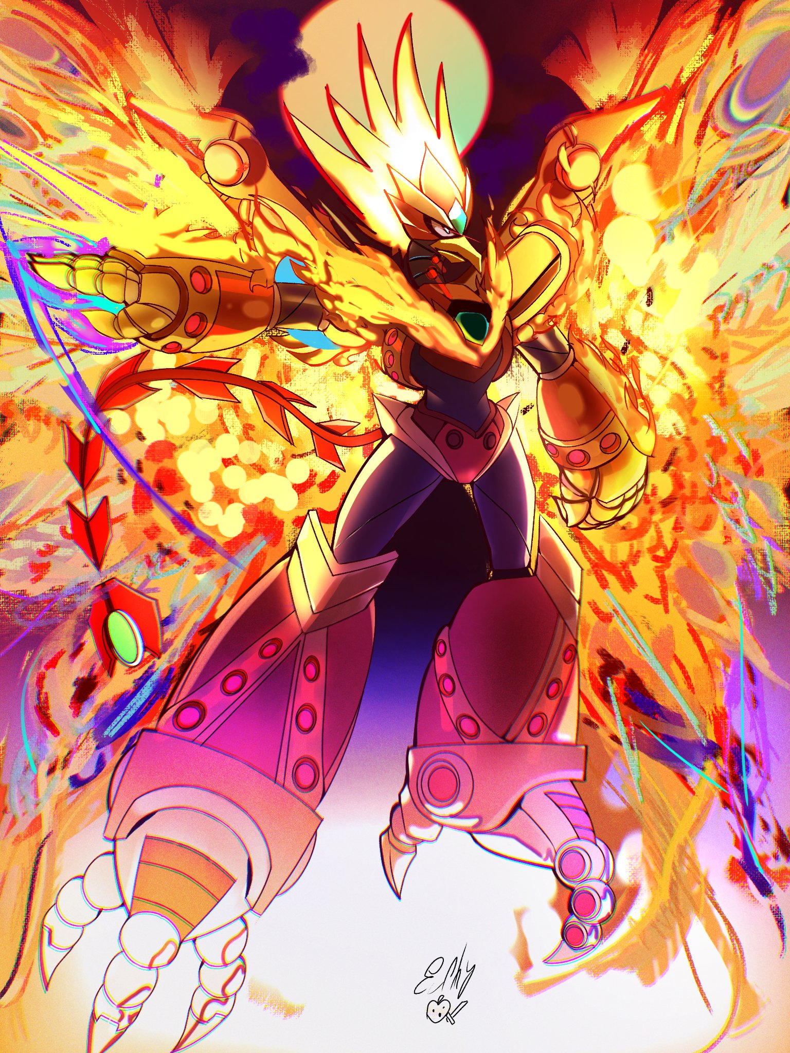euphythefox, blaze heatnix (mega man), mega man (series), mega man x (series), highres, beak, chest jewel, fiery wings, forehead jewel, full body, non-humanoid robot, robot, robot animal, robot bird, signature, solo, talons, wings