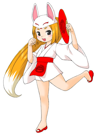 katou (katohayabusa), lowres, resized, 1girl, black eyes, blush, colored tips, female focus, hand fan, japanese clothes, kimono, long hair, mask, multicolored hair, orange hair, paper fan, ponytail, sandals, short kimono, simple background, smile, solo, standing, standing on one leg, two-tone hair, uchiwa, white hair, zouri