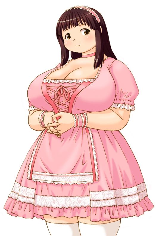 katou (katohayabusa), 1girl, breasts, brown eyes, brown hair, choker, cleavage, dress, fat, fat woman, female focus, frills, hairband, huge breasts, lolita fashion, lolita hairband, maid, pink dress, pink theme, plump, smile, solo, sweet lolita, thighhighs, white thighhighs