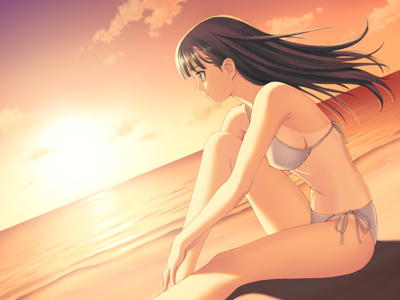 tony taka, mizushima asa, sora no iro mizu no iro, game cg, 00s, 1girl, beach, bikini, black hair, breasts, brown hair, female focus, hugging own legs, long hair, one-piece tan, side-tie bikini bottom, sideboob, sitting, smile, solo, sunset, swimsuit, tan, tanline, water, white bikini, wind