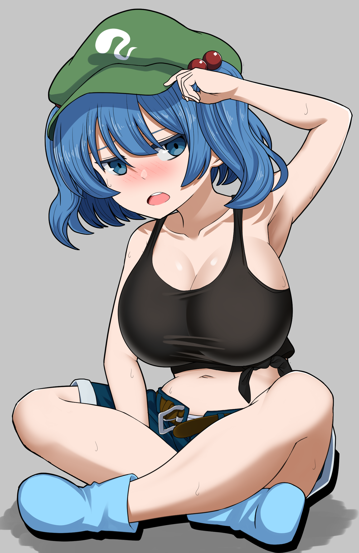 zawapirori, kawashiro nitori, touhou, commentary request, highres, 1girl, alternate costume, arm up, armpits, belt, black tank top, blue boots, blue eyes, blue hair, blue shorts, blush, boots, breasts, brown belt, cleavage, crop top, full body, green hat, grey background, hair bobbles, hair ornament, hat, indian style, large breasts, looking at viewer, midriff, navel, newsboy cap, open fly, open mouth, panties, short hair, shorts, simple background, sitting, smile, solo, tank top, two side up, underwear, white panties