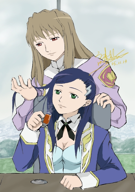 natsuki kruger, shizuru viola, my-otome, 00s, 2girls, blue hair, brown hair, green eyes, long hair, long sleeves, meister otome uniform, multiple girls, red eyes