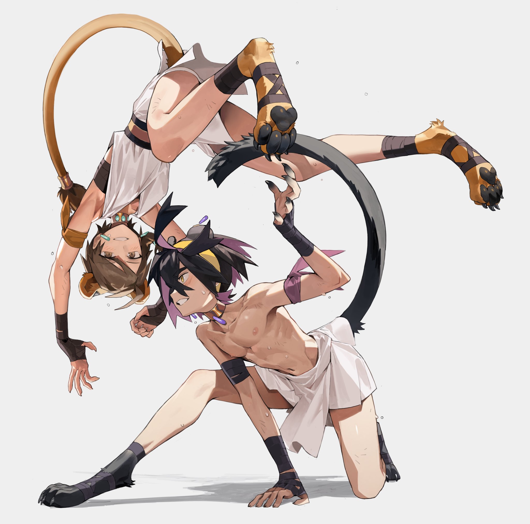 knifedragon, juliana (pokemon), kieran (pokemon), nintendo, pokemon, pokemon sv, highres, 1boy, 1girl, animal ears, animal feet, jumping, kemonomimi mode, lion girl, panther boy, simple background, tail