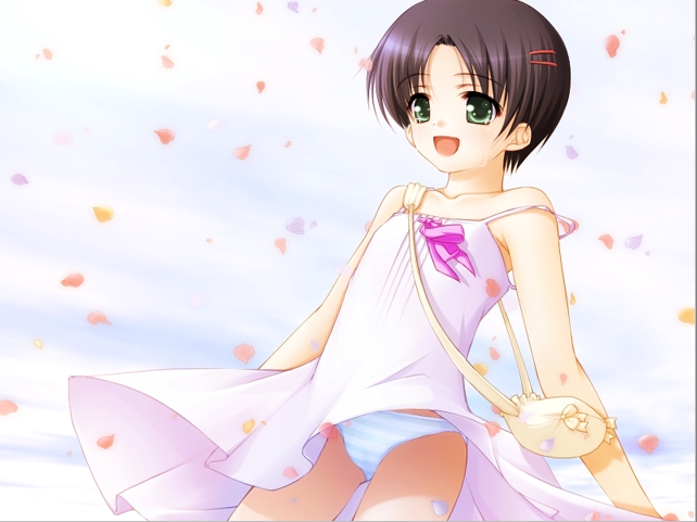 ooji, yoshino mika, tenohira wo taiyou ni, 1girl, bag, blue panties, brown hair, chemise, clothes lift, dress, dress lift, dutch angle, female focus, flower, green eyes, hair ornament, hairclip, handbag, loli, panties, pantyshot, petals, pink dress, short hair, solo, standing, strap slip, striped clothes, striped panties, underwear, upskirt, wind, wind lift