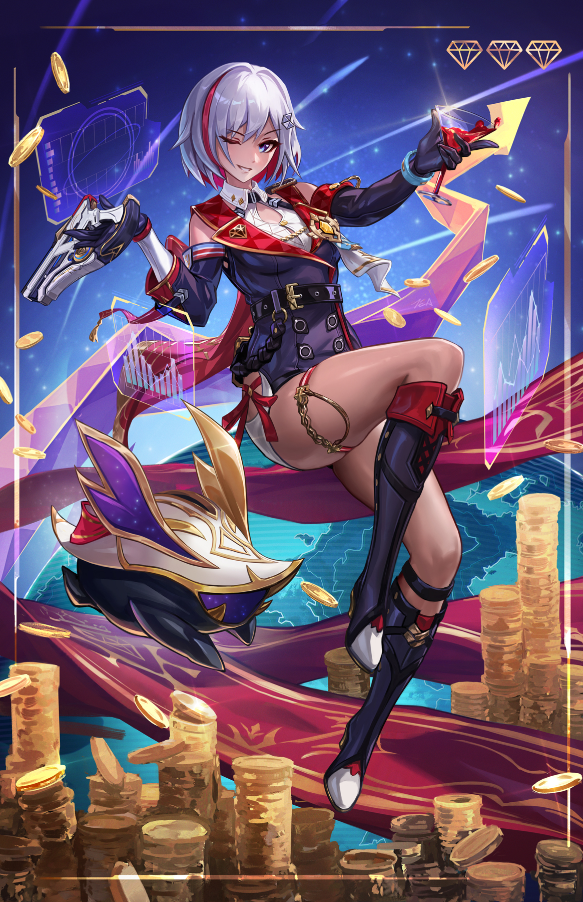 imdrunkontea, topaz (honkai: star rail), honkai: star rail, honkai (series), highres, 1girl, black gloves, black unitard, blue eyes, breasts, cocktail glass, coin, colored inner hair, cup, dark-skinned female, dark skin, drinking glass, gloves, gold coin, grey hair, gun, hair ornament, holding, holding cup, holding gun, holding weapon, looking at viewer, medium breasts, multicolored hair, one eye closed, red hair, short hair, solo, streaked hair, thigh strap, two-tone hair, weapon