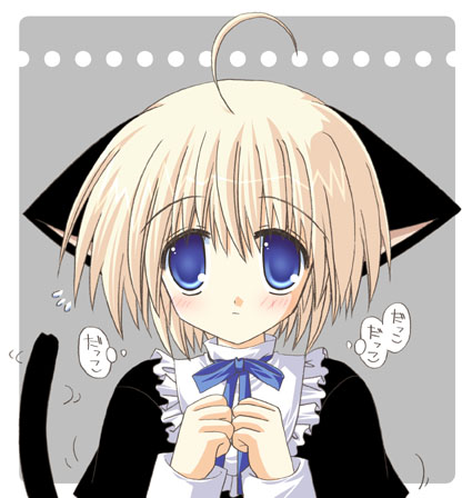 nekoneko, lowres, 1girl, ahoge, animal ears, blonde hair, blue eyes, blush, cat ears, cat girl, cat tail, closed mouth, female focus, gothic lolita, lolita fashion, maid, ribbon, short hair, solo, tail