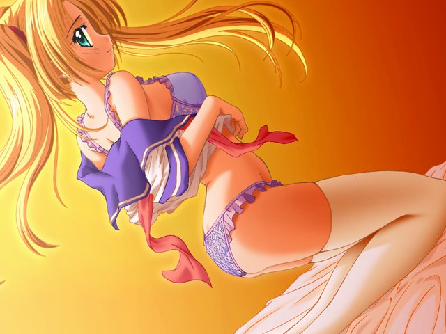 uesugi ryou, zan!, game cg, jpeg artifacts, 1girl, aqua eyes, bed, blonde hair, blush, bra, braid, dutch angle, female focus, frilled bra, frilled panties, frills, from side, gradient background, green eyes, kneeling, lingerie, looking at viewer, looking to the side, on bed, open clothes, open shirt, panties, purple bra, purple panties, sailor collar, sailor shirt, school uniform, serafuku, shirt, solo, thighhighs, twintails, underwear, undressing, white thighhighs