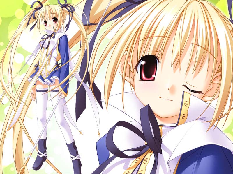 kannagi rei, kururu (princess witches), princess witches, game cg, 1girl, blonde hair, hair ribbon, long hair, multiple views, red eyes, ribbon, smile, staff, thighhighs, twintails, very long hair, white thighhighs, zettai ryouiki