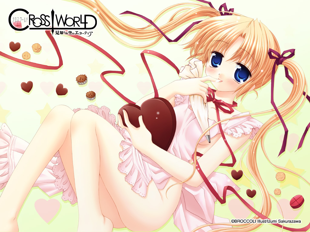 sakurazawa izumi, cross world, 1girl, apron, blonde hair, blue eyes, broccoli, candy, chocolate, chocolate heart, female focus, food, frilled apron, frills, heart, holding, holding pastry bag, lying, naked apron, pastry bag, pink apron, ribbon, solo, twintails, yellow background