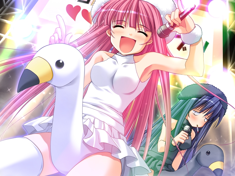 hagure keg, akemi (tetsuwan gacchu!), azusa (tetsuwan gacchu!), tetsuwan gacchu!, game cg, 2girls, armpits, microphone, multiple girls, music, singing, thighhighs, what