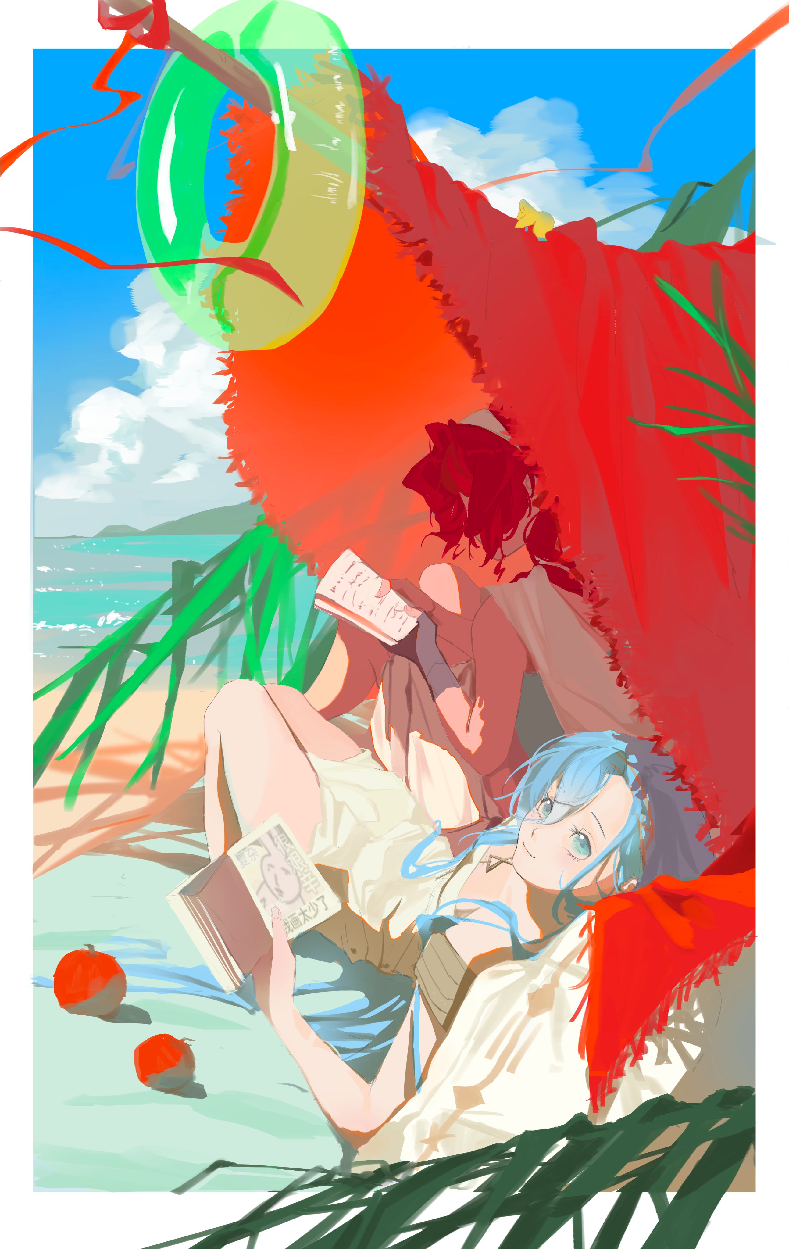 biquan dogger, 37 (reverse:1999), sophia (reverse:1999), reverse:1999, absurdres, highres, 2girls, ancient greek clothes, beach, blue eyes, blue hair, blue sky, book, border, cloud, day, full body, greco-roman clothes, green innertube, holding, holding book, knees up, long hair, looking at viewer, lying, multiple girls, ocean, on back, outdoors, outside border, picnic blanket, plant, red hair, sand, sitting, sky, smile, toga, white border