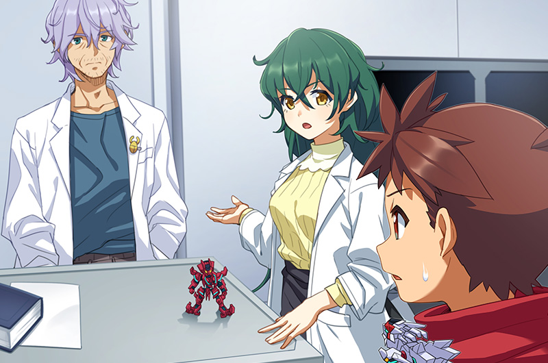 tyuga, anima gear, official art, 1girl, 2boys, amakusa kyo, black skirt, blue shirt, book, breasts, brown hair, closed mouth, coat, galeo striker, green eyes, green hair, grey hair, humanoid robot, indoors, james retsu, lab coat, long hair, mecha, mitsunasi konoe, momiji yamato, multiple boys, non-humanoid robot, open clothes, open coat, open mouth, red eyes, red scarf, ribbed sweater, robot, robot animal, scarf, shirt, short hair, skirt, sweatdrop, sweater, table, yellow eyes, yellow sweater