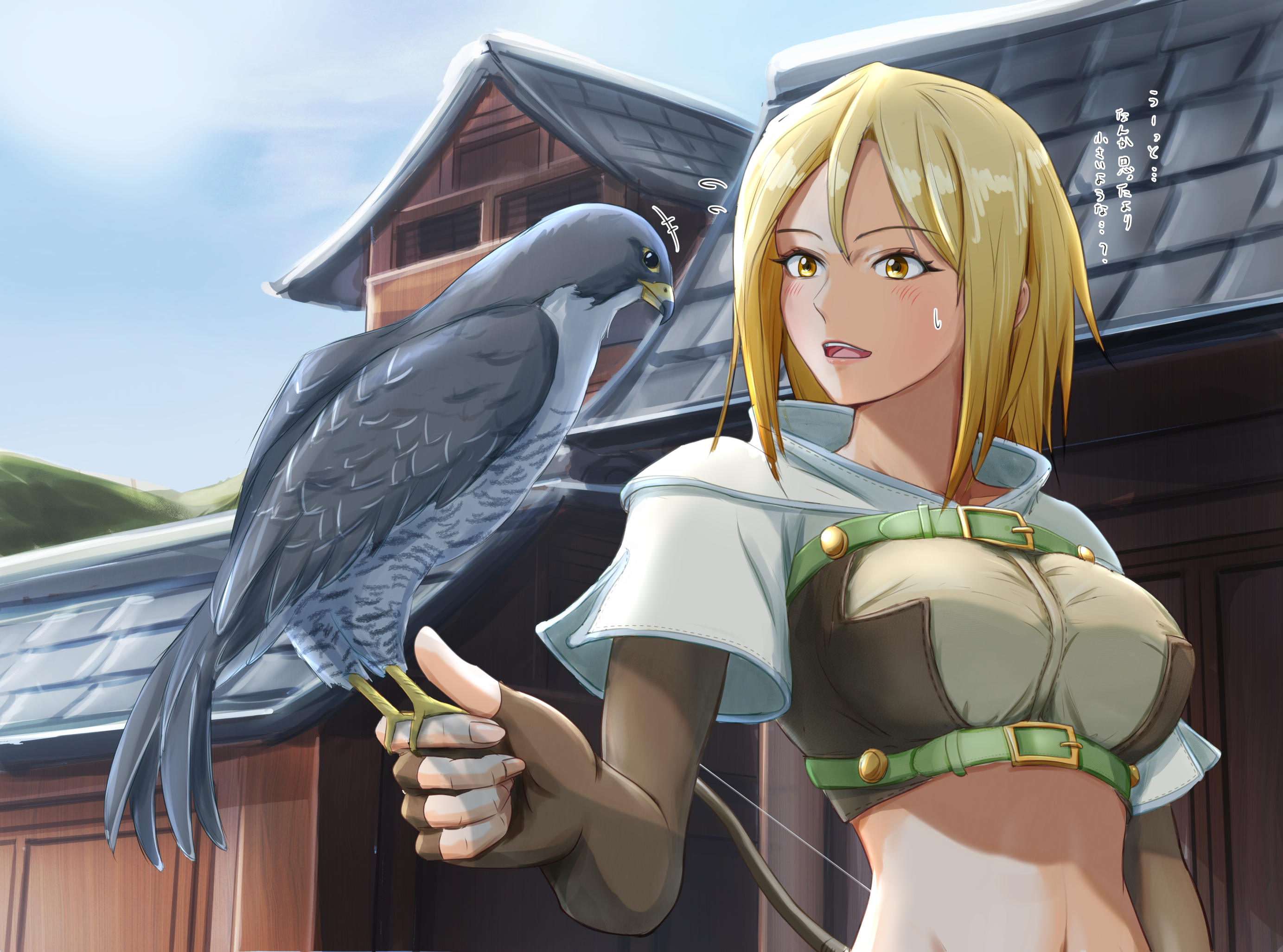 hgus5855, hunter (ragnarok online), ragnarok online, commentary request, highres, translation request, 1girl, architecture, bird, bird on hand, blonde hair, blue sky, blush, breasts, brown gloves, brown shirt, crop top, cropped jacket, day, east asian architecture, elbow gloves, falcon, fingerless gloves, gloves, jacket, medium breasts, midriff, navel, open mouth, outdoors, peregrine falcon, shirt, short hair, short sleeves, sky, smile, solo, upper body, white jacket, yellow eyes