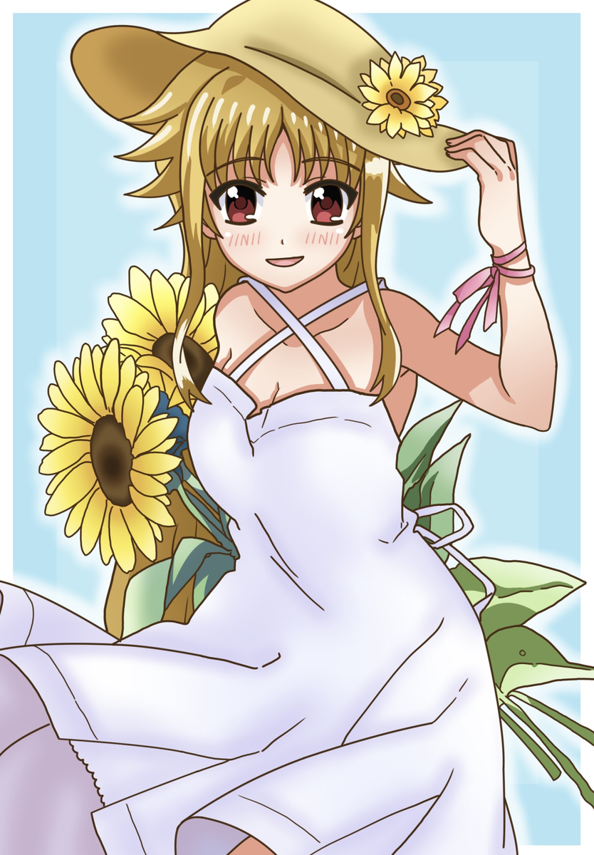 fate 0529 , fate testarossa, lyrical nanoha, mahou shoujo lyrical nanoha, 1girl, bare shoulders, blonde hair, blue background, blush, breasts, cleavage, collarbone, dot nose, dress, feet out of frame, female focus, flower, flower on hat, hat, long hair, looking at viewer, open mouth, simple background, solo, sunflower