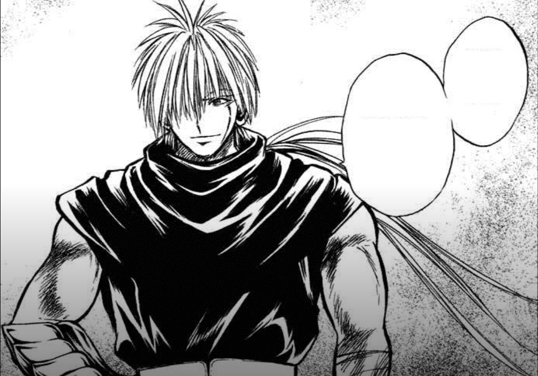 flame of recca, gao (flame of recca), long hair, manga page, muscular, soldier, white background
